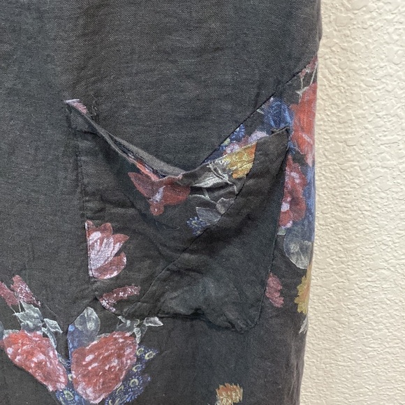 Women's Made in Italy Black Floral 100% Linen Lagenlook Boho Coastal Midi Dress - Picture 4 of 7